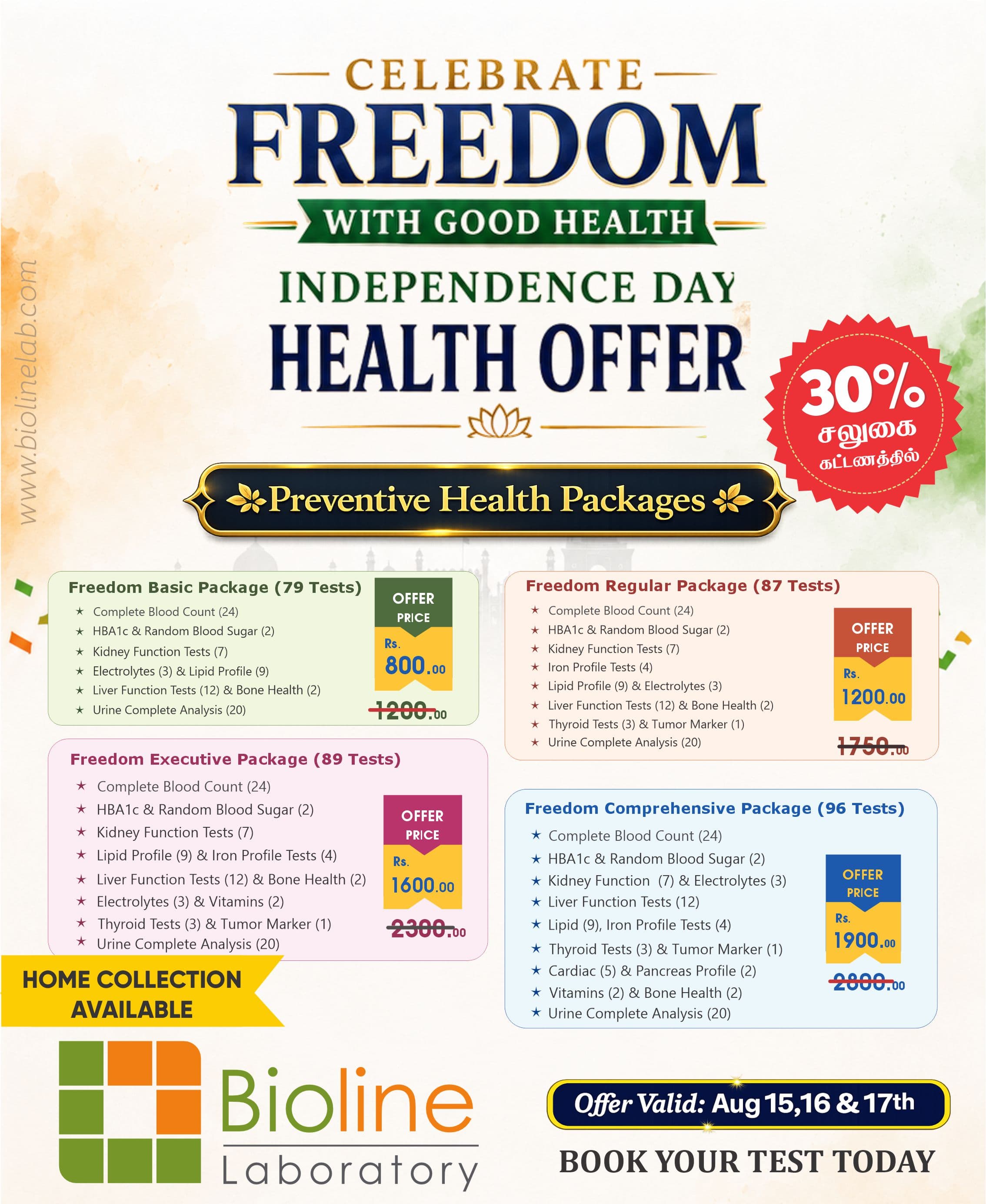 Independence Day Freedom Offer 2026 campaign flyer with four preventive health packages at 30 percent off