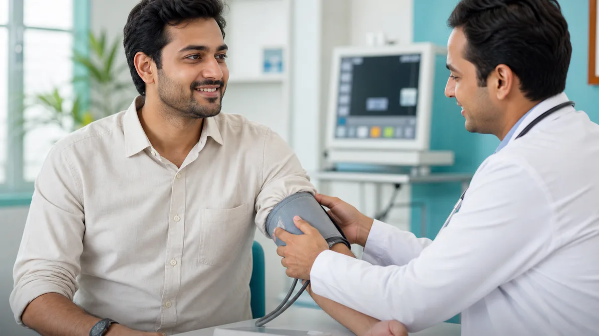 Doctor checking a patient's blood pressure during a routine screening
