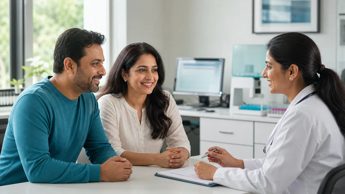 Couple discussing their routine preventive checkup with a doctor