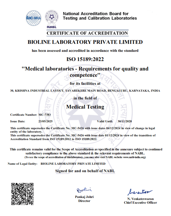 BioLine Lab Bengaluru certificate