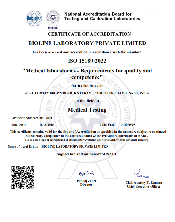 BioLine Lab R.S Puram certificate